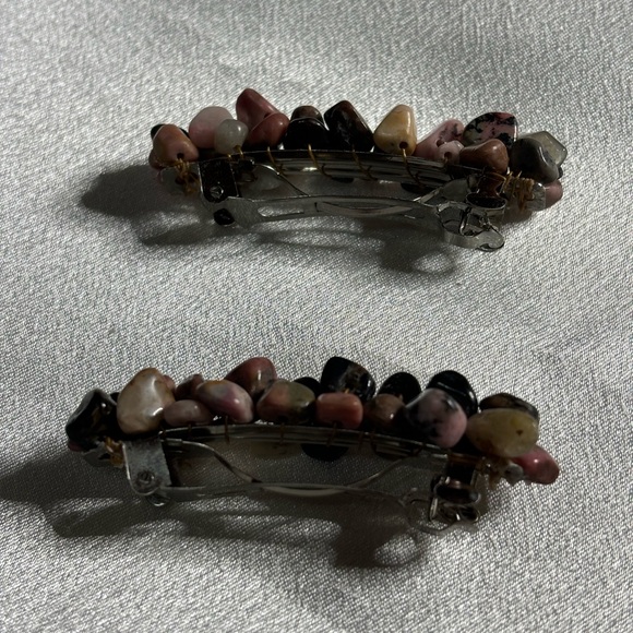 Hand crafted set Barrettes 2 in. adorned w/ individually wrapped Rhodonite chips - Picture 3 of 4